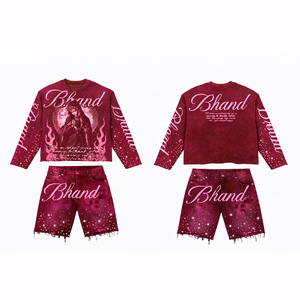 Bhand Men's Streetwear Two Piece Set Cotton Printed <b>Sweatshirt</b> and Shorts Crew Neck Raw Edge Summer Style - Product Image 6