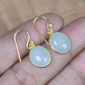 Aqua Chalcedony Stud Earrings 925 Sterling Silver 14K Gold Plated Cute <b>Handmade</b> <b>Jewelry</b> for Women Anniversary Party Gift - Product Image 1