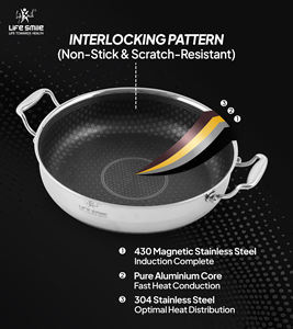Casserole peu profonde en acier inoxydable 18/10 de haute qualité avec revêtement antiadhésif à motif emboîtable et compatibilité induction - Product Image 4