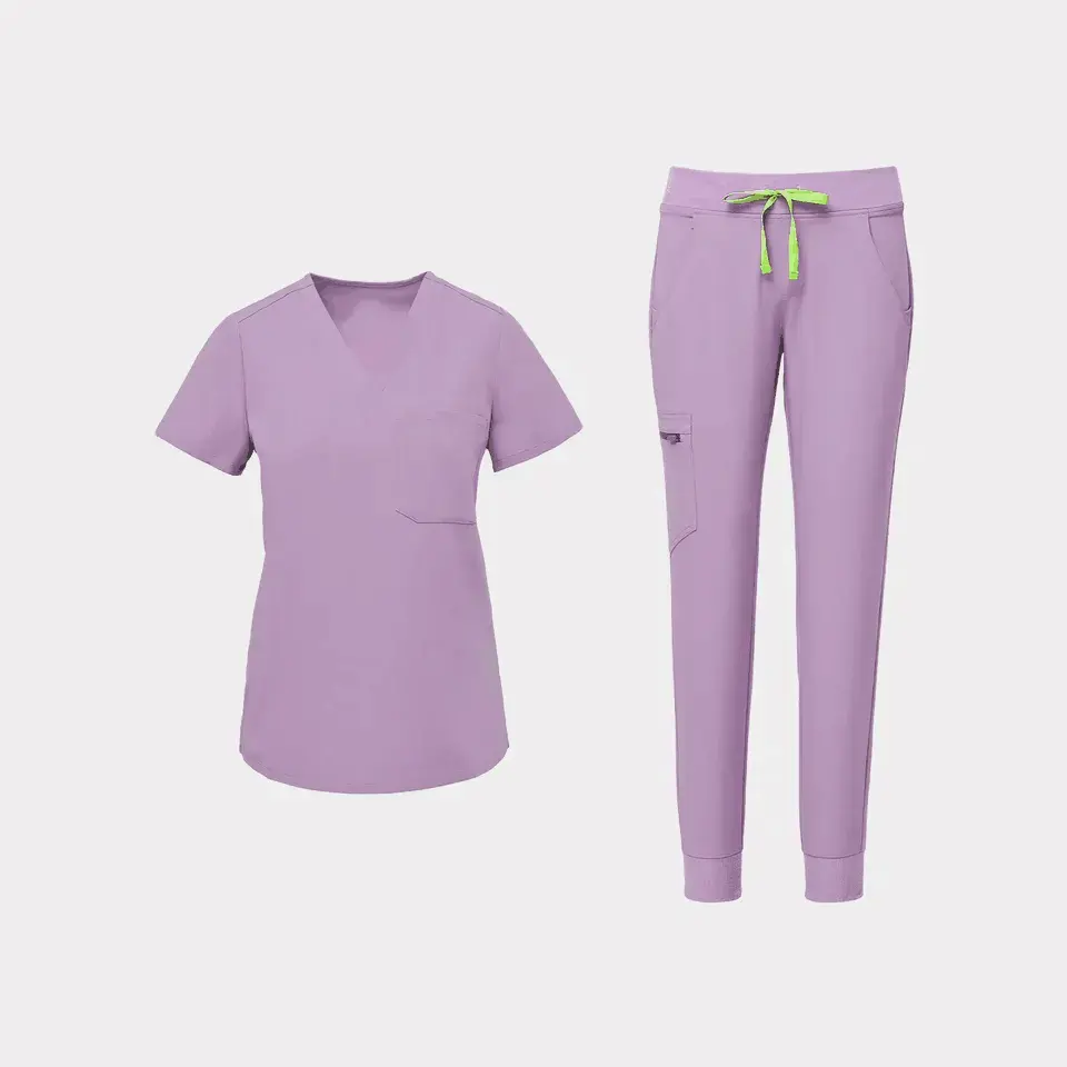 Purple V-Neck New Designs OEM Front Pocket Short Sleeved Clinical Uniforms Women Unisex Medical Nurse Scrub Uniforms