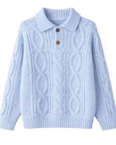 Suéter Polo de Punto Trenzado de Lana Azul Cielo para Hombre, Personalizado por el Fabricante, Manga Larga, Cuello con Botones, Cálido, Suave y Casual para Invierno - Product Image 1