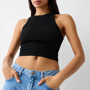 Haut court noir à col halter pour femme, sans manches, tricoté, couleur unie, coupe ajustée, respirant, en coton et élasthanne, printemps-été, décontracté - Product Image 4