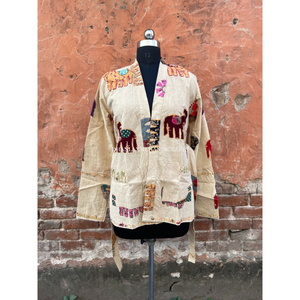 Bata de baño corta con estampado de animales para mujer, abrigo de algodón tejido a mano, kanta étnica, chaqueta de invierno hecha a mano, venta al por mayor - Product Image 5