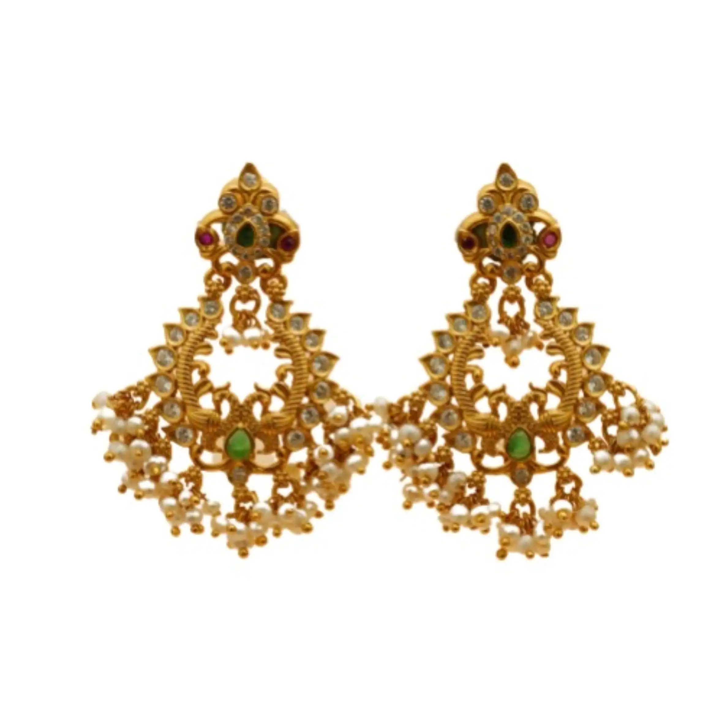Exquisite Peacock Design 22Karat Gold Tone CZ Emerald Ruby Stone Pearl Cluster Women Dangler Earring on Party Wear at Best Price