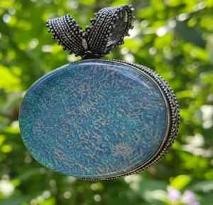 Vintage Style Oval Blue <b>Opal</b> <b>Pendant</b> | Antique Silver Finish Statement <b>Necklace</b> Charm | Shimmering Blue Lab-Created Vintage - Product Image 4