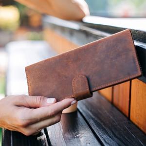 กระเป๋าสตางค์หนังม้าบ้าสีน้ำตาลสีกากีซินนามอนสำหรับผู้หญิงของขวัญส่วนตัวเปิด LSW-0011ยาวไม่เหมือนใคร - Product Image 1