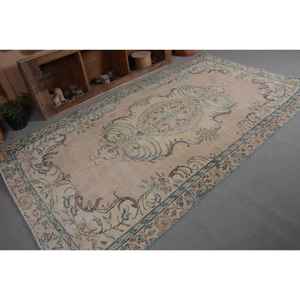 Alfombra turca vintage Beige verde 5,6 X 9.5ft tejido plano de lana con patrón de retazos para decoraciones de sala de estar o uso en el pasillo - Product Image 5
