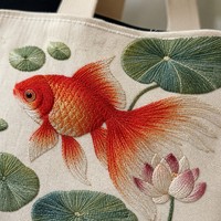 Sac fourre-tout vintage en toile brodée à la main motif poisson rouge, réutilisable, avec logo personnalisé OEM