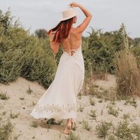 Robe de plage décontractée en coton brut, écologique, teinte unie, imprimé mini-blocs, col en V, dos nu, fentes, poches, lavable