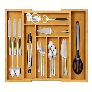 Organizador de cajones expandible de bambú, contenedor de almacenamiento multiusos, caja organizadora de utensilios de cocina ajustable para cubiertos