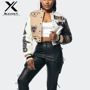 Women's Regular Solid Reversible Spring Varsity Jacket Black Leather Sleeves Fashionable Windproof Applique Patches Embroidered - Product Image 2