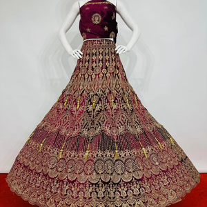 Costume de mariage indien royauté de mariée 3 Flair Latkan Full Heavy Velvet Lehenga Embelli Dupatta Long Blouse Full Jarkan Regal - Product Image 1
