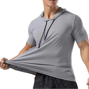 Venta al por mayor a granel verano entrenamiento deportes gimnasio Fitness sudaderas manga corta algodón Spandex camiseta sudaderas con capucha para hombres - Product Image 2