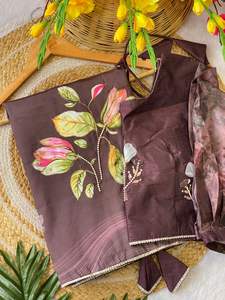 Élégant imprimé numérique délicat travail manuel Chinon soie bleu ciel Saree ethnique fantaisie Blouse exclusive fête de mariage porter Boutique - Product Image 5