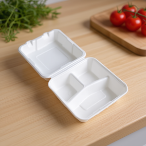 Contenitori per Pranzo in Bagassa Naturale a 3 Scomparti con Coperchio a Cerniera, 23x23 cm, Adatti al Microonde - Product Image 3