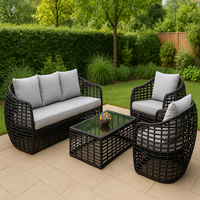 Ensemble de canapé d'extérieur moderne en rotin pliable et imperméable avec coussins moelleux et table à plateau en verre pour hôtel, cour, jardin, balcon/terrasse