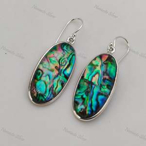 925 Sterling Silver Dangle Drop Earrings Handmade Vintage Style Natural <b>Abalone</b> <b>Shell</b> Blue Paua Doublet Oval Jewelry - Product Image 3
