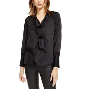 เสื้อเชิ้ตผ้าซาตินสีดำเข้มทรงยาว รุ่น Deep Black XL ของ INC International Concepts สำหรับผู้หญิง สไตล์เกาหลี ปักลายฉลุ เหมาะสำหรับฤดูใบไม้ร่วง - Product Image 1