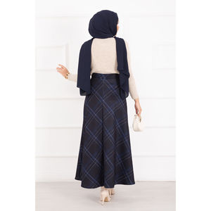 Jupe de plongée bleu marine à carreaux, coupe droite chic avec ceinture, en coton tricoté respirant, taille XS, pour l'été et l'automne, décontractée et tendance - Product Image 5