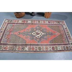 Alfombra turca Vintage, diseño de retazos rojo y gris, área grande, Material de lana de 3,7x6,8 pies con respaldo de látex para pasillo o dormitorio - Product Image 3