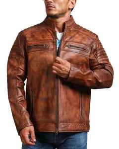 Veste en cuir vintage faite à la main pour homme, veste en cuir véritable marron pour homme, veste en cuir de moto cirée vieillie - Product Image 6