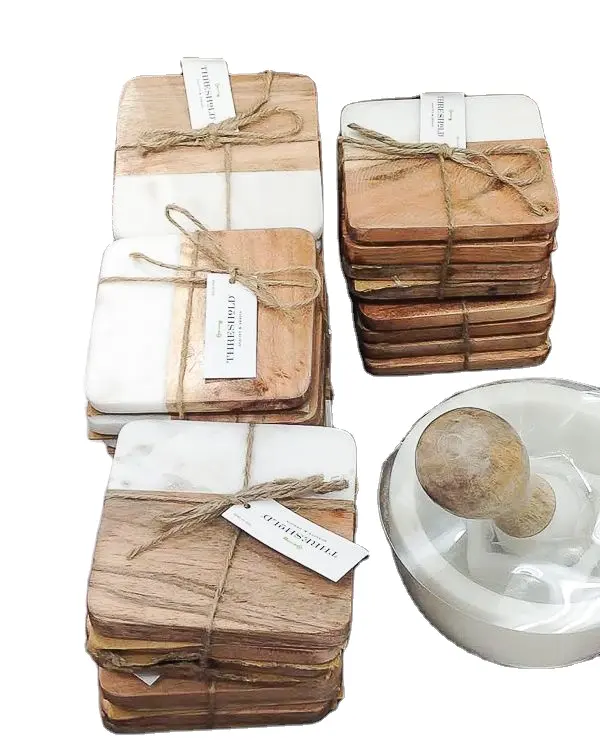 Posavasos de madera + Mármol, posavasos de té de mármol blanco elegante, precio al por mayor, personalizado, cuadrado, redondo, resina epoxi de madera, costa