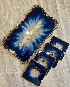 Conjunto de bandeja y posavasos de resina decorativa de diseñador hecho a mano de alta calidad personalizado para restaurantes caseros de La India - Product Image 2