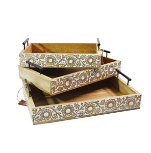 Rectangle en bois de Sesham Plateau à café en bois Conception marron Gravure et poignées de maintien Table Cuisine Décor Plateau - Product Image 3