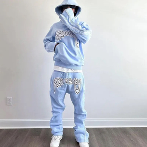 Survêtement d'hiver léger en chenille brodée personnalisé avec fermeture éclair sur la manche latérale, survêtement unisexe avec pantalon de survêtement évasé à deux pièces - Product Image 4