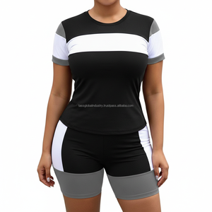 ชุดเซ็ตเสื้อยืดแขนสั้นสีดำขาวแบบบล็อกสี และกางเกงขาสั้นเอวสูงทรงสกินนี่สำหรับออกกำลังกายสำหรับผู้หญิง รับผลิตตามแบบ OEM - Product Image 1