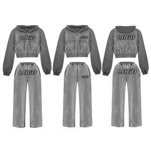 Sudadera con capucha corta de algodón con logotipo personalizado para mujer, sudadera lisa de gran tamaño, Conjunto de sudadera recortada, sudaderas con capucha personalizadas para mujer - Product Image 4