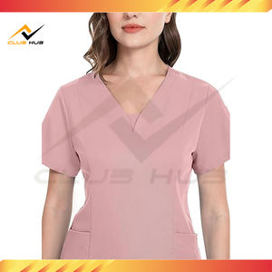 Vente en gros Ensemble de costumes d'hôpital modernes pour femmes avec logo personnalisé Haut à col en V et pantalon de jogging à jambe fuselée en tissu tissé - Product Image 4