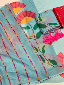 Sari indio de lino y algodón de Bollywood con hermoso estampado digital hecho a mano, elegante para bodas y fiestas, para mujer. - Product Image 2