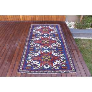 พรมตุรกีวินเทจ ขนาด 3.7x6.5 ฟุต (113x198 ซม.) ลายต้นไม้และพืชสีน้ำเงิน - Product Image 1