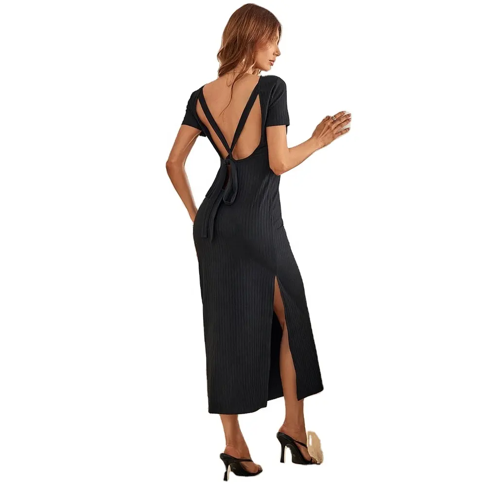 RTS Women's Sexy Slim Fit Casual Side Split Backless Bac Solid Long Dress