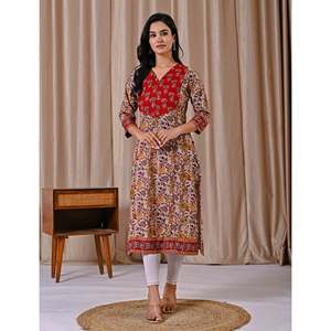 Kurti Recto de Algodón Estampado Jaal Rojo Beige, Estilo Casual con Cintura Natural y Característica Transpirable - Product Image 4