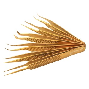 Pinzas de pestañas profesionales personalizadas de etiqueta privada Empuñaduras de diamante dorado para mujer Puntas de fibra de volumen recto Acero inoxidable - Product Image 4