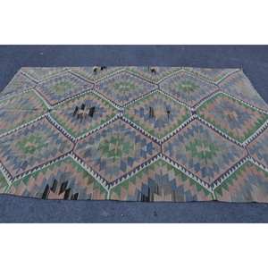 Kilim vert bleu grand tapis 6.4X10 pieds tissage plat tapis de laine turque en peluche pour salon couloir Patchwork Latex - Product Image 3