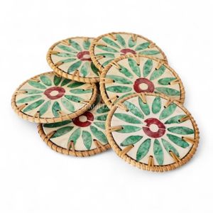 Posavasos Artesanales de Nácar con Borde de Ratán Natural para Distribución al por Mayor de Decoración del Hogar - Product Image 2