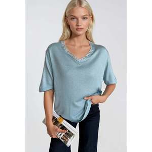 Blusa de Punto con Cuello en V y Detalle de Encaje - Azul - Azul - Product Image 2