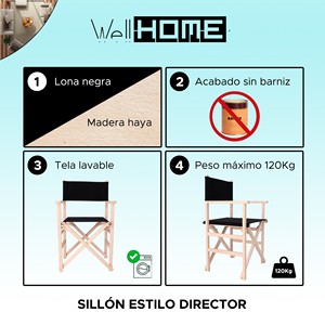 Sedia da Regista WELL HOME in Legno di Faggio con Finitura Non Verniciata e Tela Nera 51x46x86 cm - Product Image 2