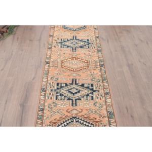 พรมวินเทจตุรกีขนาด 2.3x9.1 ฟุต, พรมปูพื้น, พรมขนสัตว์สีน้ำเงินน้ำตาล - Product Image 3