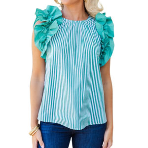 Blusas elegantes de mujer, blusas de manga con volantes a rayas con tela de Popelina, blusas de moda informales para damas - Product Image 5