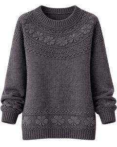 Customized Charcoal Grey Jacquard Knit Sweater Floral Textured Crew Neck Long Sleeve Winter Pullover For Women Custom Wholesale - Product Image 1