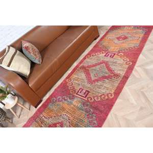 พรมวินเทจสไตล์ตุรกี, พรมปูพื้นขนาด 3.1x10.7 ฟุต (93x325 ซม.), พรมขนสัตว์ลายดอกไม้สีแดง - Product Image 3