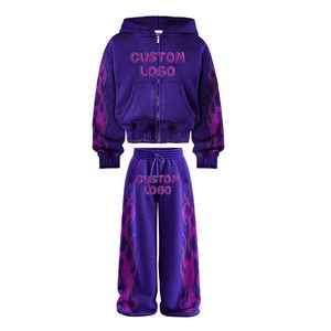 2026 Winter Casual Training Set Acid Wash for Distressed Tracksuit <b>Flared</b> <b>Sweatpants</b> Hoodie Polyester/Cotton Breathable - Product Image 1