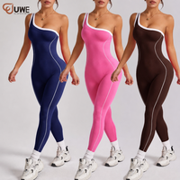 Combinaison de yoga asymétrique personnalisée avec logo pour femme, une pièce moulante contrastante pour le fitness, la gym et l'entraînement