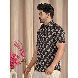 เสื้อเชิ้ตผ้าฝ้ายป๊อปลินสีดำสำหรับผู้ชาย คอตั้ง แขนครึ่ง ไซส์ 6XL สำหรับทำงาน - Product Image 3