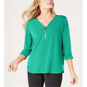 Collezione JM Top Estivo Chic da Donna Verde Taglia Petite XL Traspirante con Cerniera Colletto Asimmetrico Motivo Tinta Unita in Maglia di Poliestere - Product Image 1