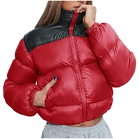 Jaket Puffer Wanita Musim Dingin Berlapis Rajutan Bordir Kustom Kerah Tinggi Metalik Mengkilap Dua Warna Saku Samping Tebal Hangat